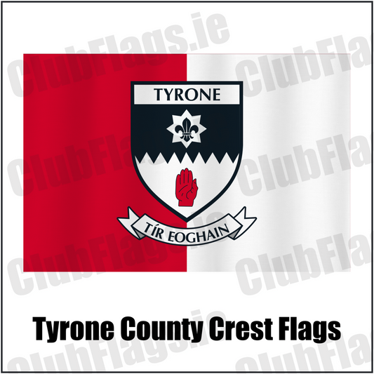 Tyrone county crest flag in red and white, with county name and crest.
