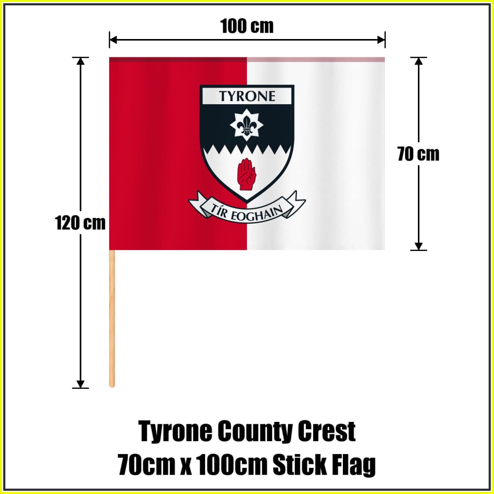 Tyrone county crest 70 × 100 cm stick flag in red and white, with a 120 cm wooden stick and dimension arrows.