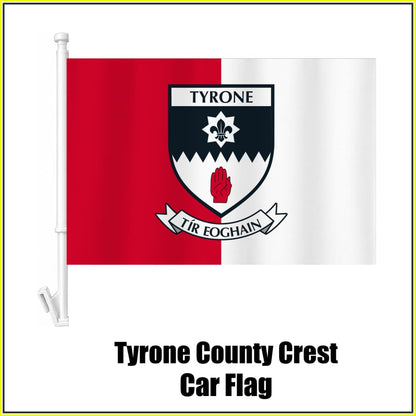 Tyrone county crest car flag in red and white, on a white plastic window mount.