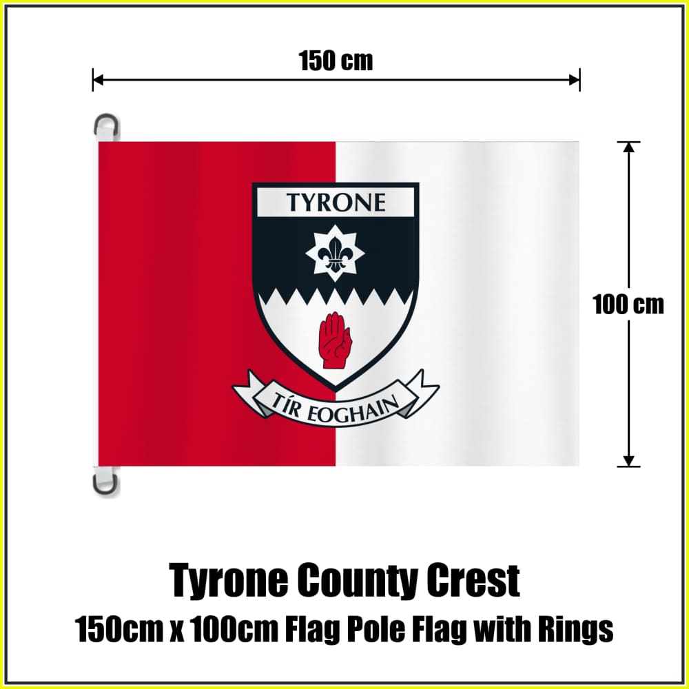 Tyrone county crest flag, 150 cm wide × 100 cm high, in red and white, with two dark attachment rings on white tabs and no pole.