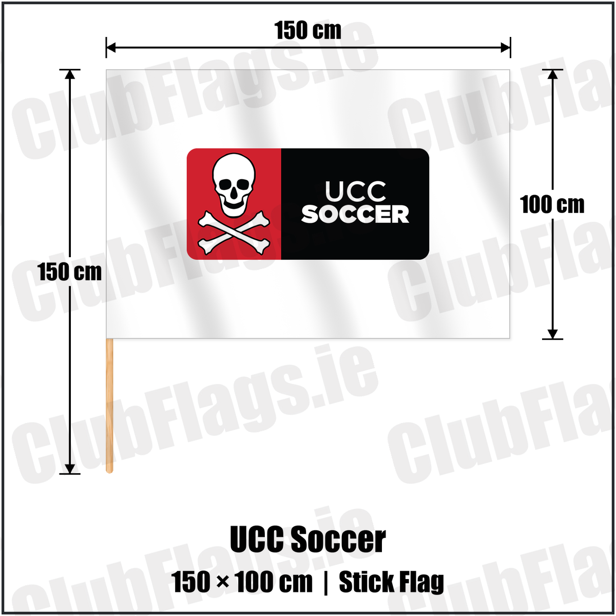 UCC Soccer 100cm x 150cm Stick Flag with the club crest and colours, Cork Football - ClubFlags.ie