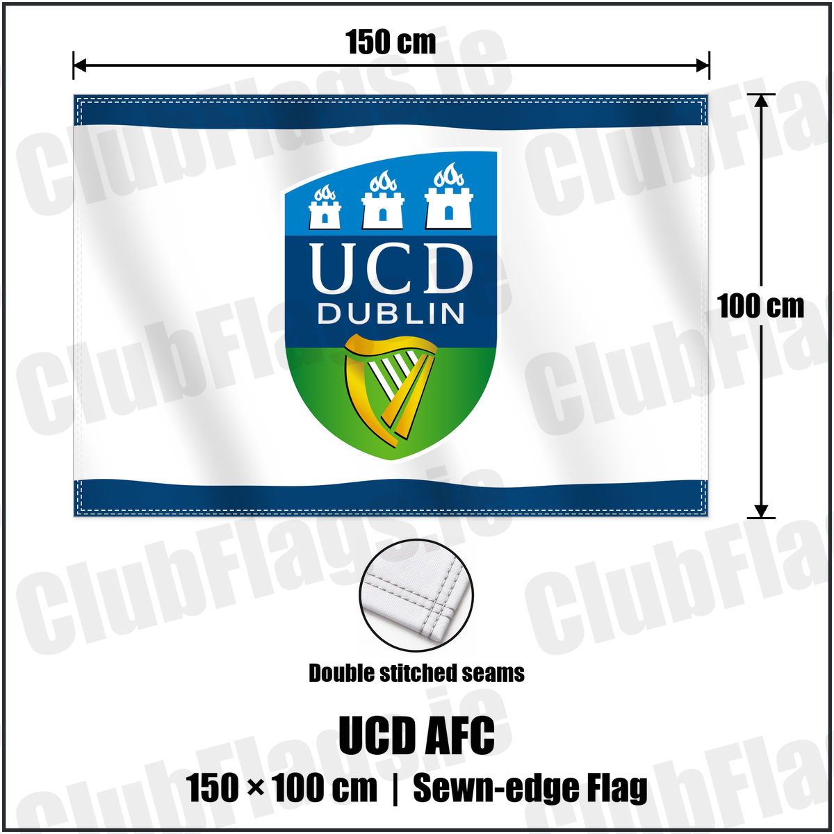 UCD AFC 100cm x 150cm Flag (sewn on the edges) with the club crest and colours, Dublin Football - ClubFlags.ie