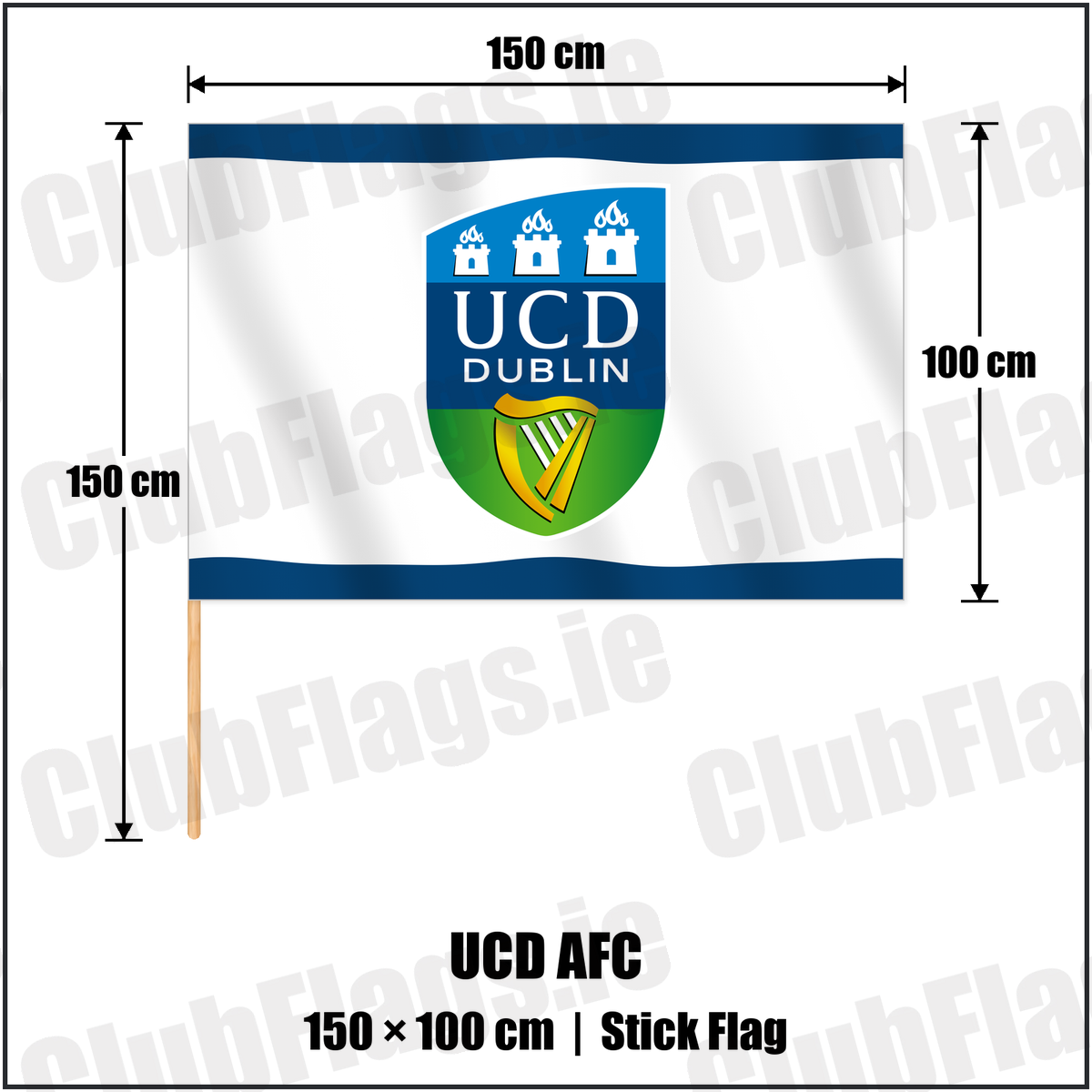 UCD AFC 100cm x 150cm Stick Flag with the club crest and colours, Dublin Football - ClubFlags.ie