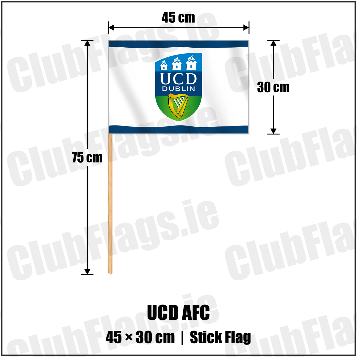 UCD AFC 30cm x 45cm Stick Flag with the club crest and colours, Dublin Football - ClubFlags.ie
