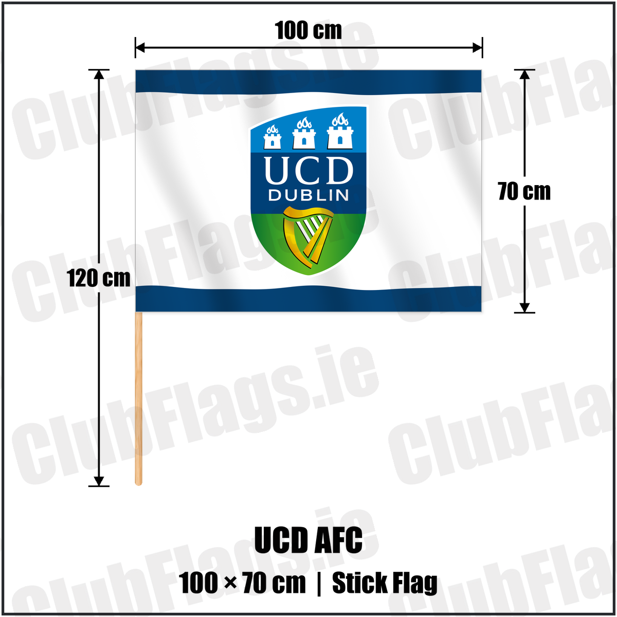 UCD AFC 70cm x 100cm Stick Flag with the club crest and colours, Dublin Football - ClubFlags.ie