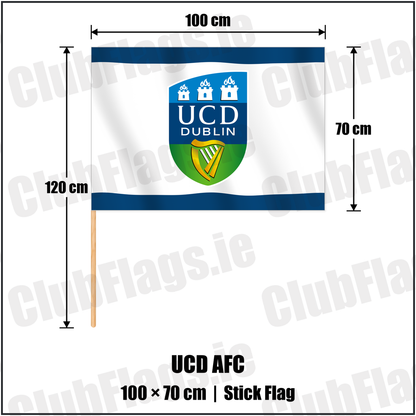 UCD AFC 70cm x 100cm Stick Flag with the club crest and colours, Dublin Football - ClubFlags.ie