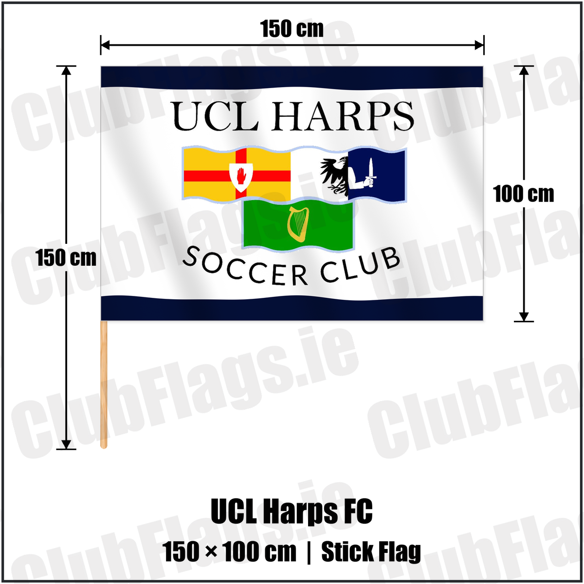UCL Harps FC 100cm x 150cm Stick Flag with the club crest and colours, Cavan Football - ClubFlags.ie