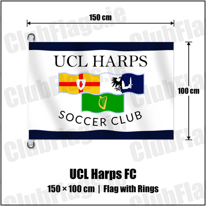 UCL Harps FC 150cm x 100cm Flag Pole Flag with Rings with the club crest and colours, Cavan Football - ClubFlags.ie