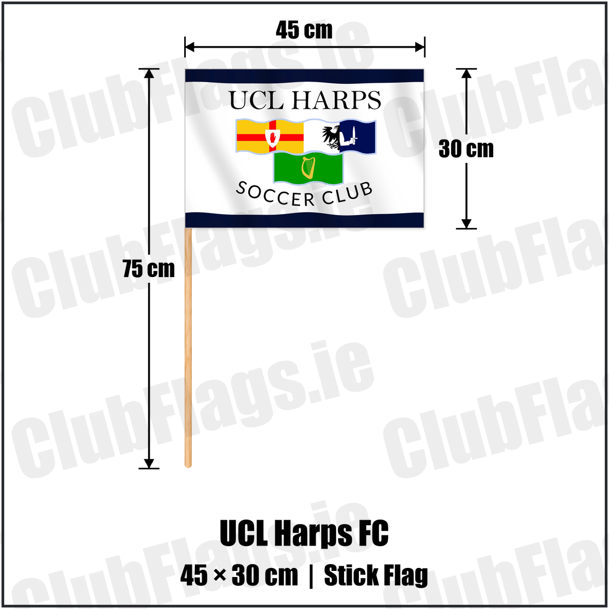 UCL Harps FC 30cm x 45cm Stick Flag with the club crest and colours, Cavan Football - ClubFlags.ie