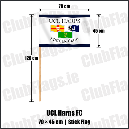 UCL Harps FC 45cm x 70cm Stick Flag with the club crest and colours, Cavan Football - ClubFlags.ie