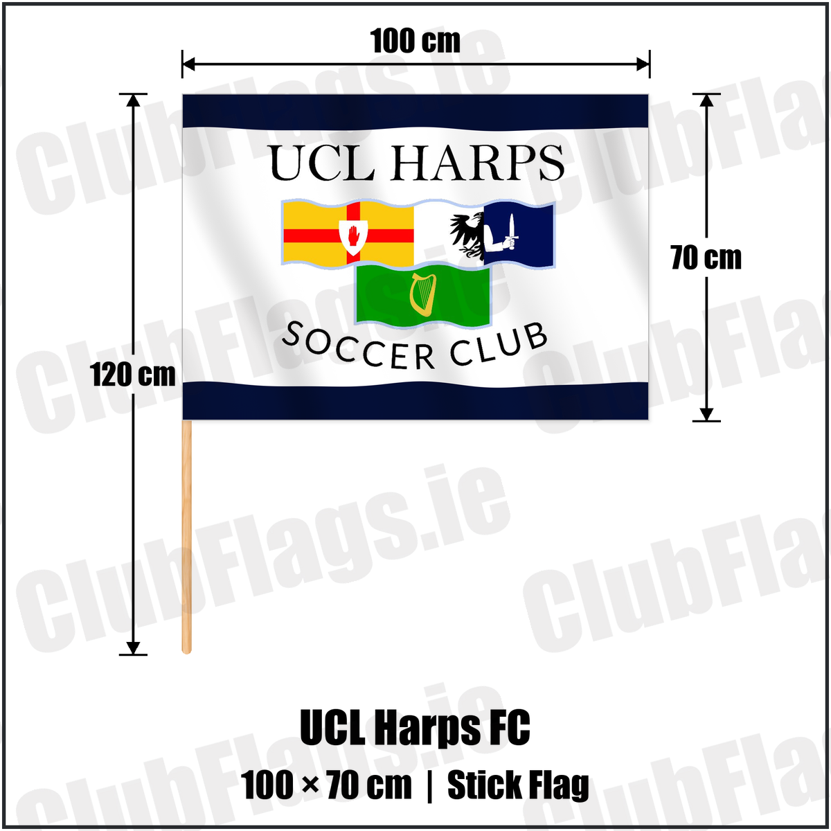 UCL Harps FC 70cm x 100cm Stick Flag with the club crest and colours, Cavan Football - ClubFlags.ie