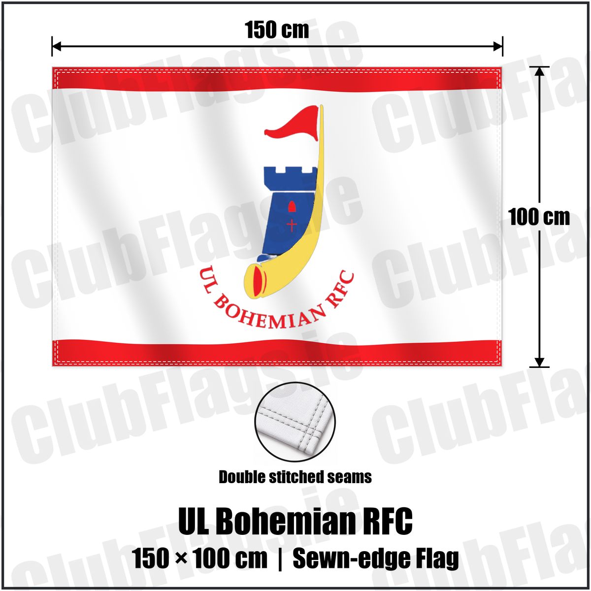 UL Bohemian RFC 100cm x 150cm Flag (sewn on the edges) with the club crest and colours, Limerick Rugby - ClubFlags.ie