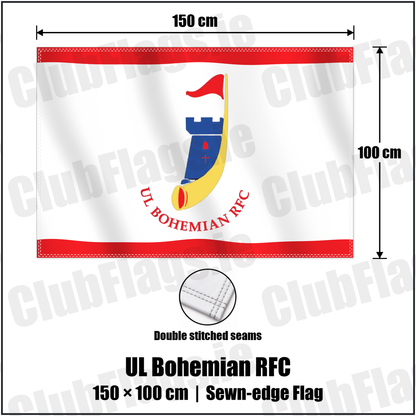 UL Bohemian RFC 100cm x 150cm Flag (sewn on the edges) with the club crest and colours, Limerick Rugby - ClubFlags.ie