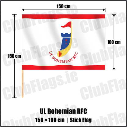 UL Bohemian RFC 100cm x 150cm Stick Flag with the club crest and colours, Limerick Rugby - ClubFlags.ie