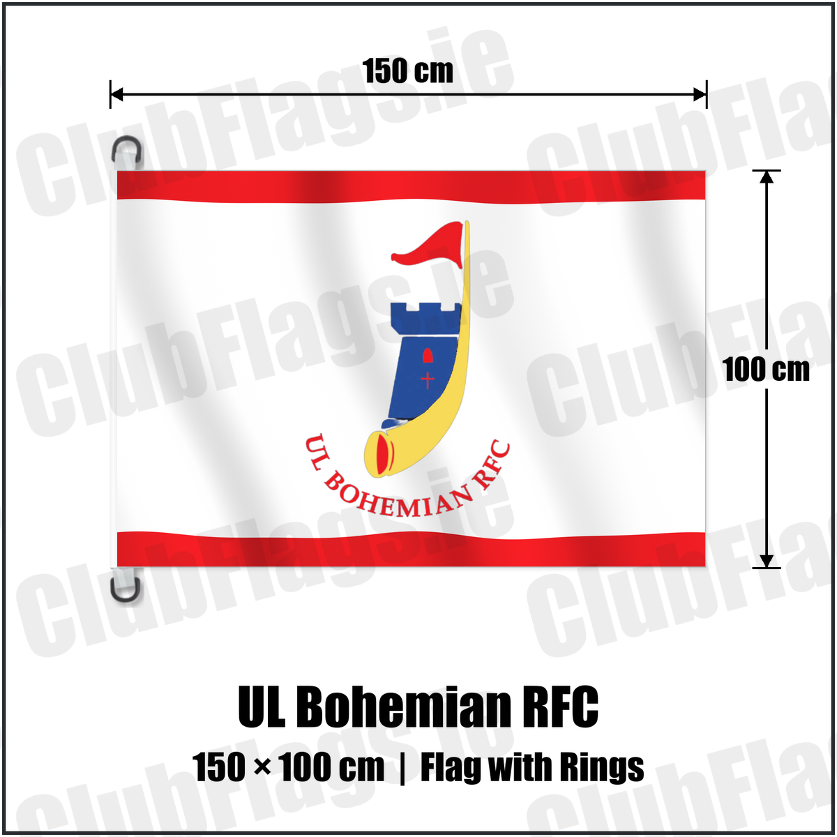 UL Bohemian RFC 150cm x 100cm Flag Pole Flag with Rings with the club crest and colours, Limerick Rugby - ClubFlags.ie