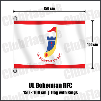 UL Bohemian RFC 150cm x 100cm Flag Pole Flag with Rings with the club crest and colours, Limerick Rugby - ClubFlags.ie