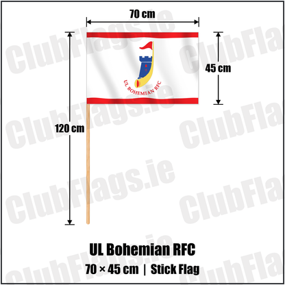 UL Bohemian RFC 45cm x 70cm Stick Flag with the club crest and colours, Limerick Rugby - ClubFlags.ie