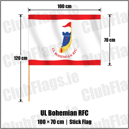 UL Bohemian RFC 70cm x 100cm Stick Flag with the club crest and colours, Limerick Rugby - ClubFlags.ie