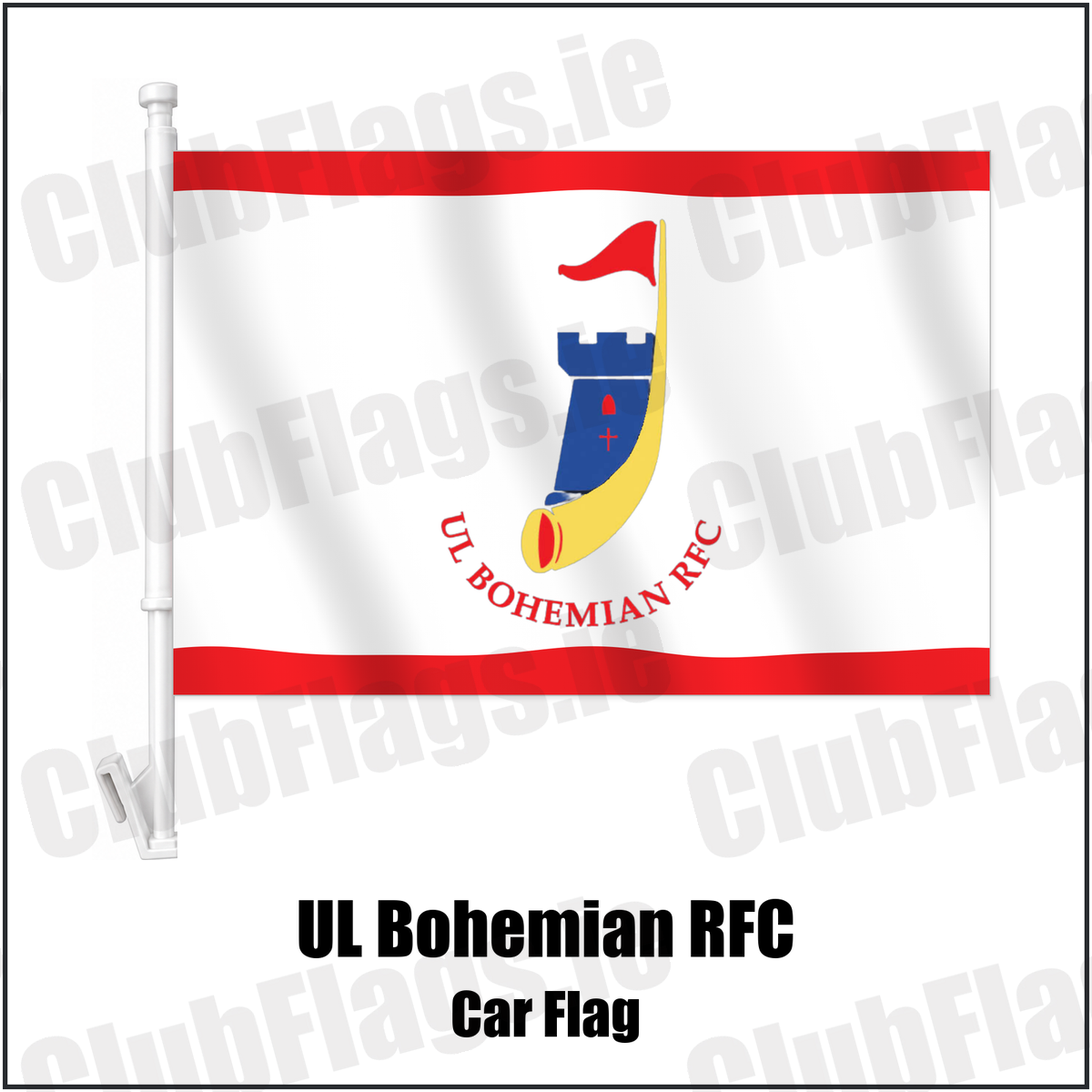 UL Bohemian RFC Car Flag with the club crest and colours, Limerick Rugby - ClubFlags.ie