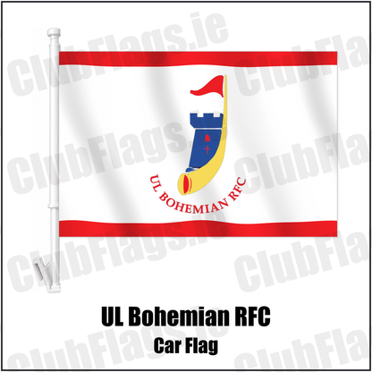 UL Bohemian RFC Car Flag with the club crest and colours, Limerick Rugby - ClubFlags.ie