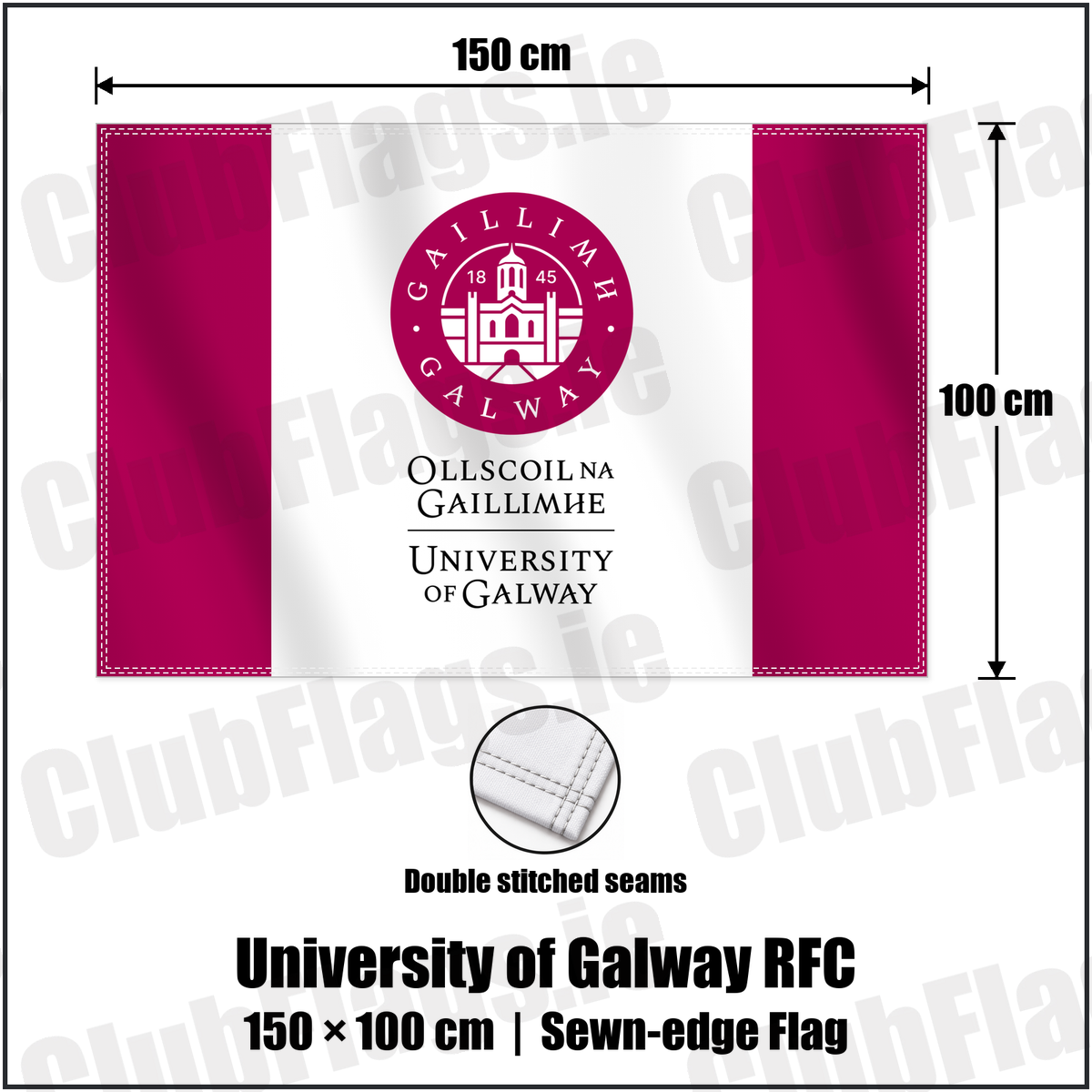 University of Galway RFC 100cm x 150cm Flag (sewn on the edges) with the club crest and colours, Galway Rugby - ClubFlags.ie