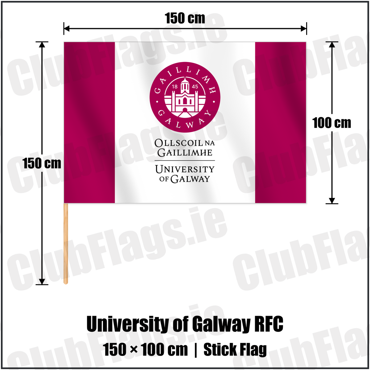University of Galway RFC 100cm x 150cm Stick Flag with the club crest and colours, Galway Rugby - ClubFlags.ie