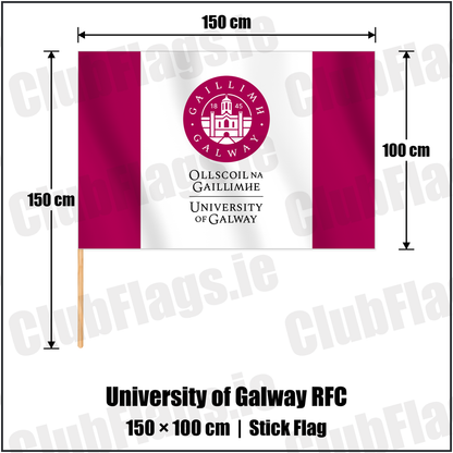 University of Galway RFC 100cm x 150cm Stick Flag with the club crest and colours, Galway Rugby - ClubFlags.ie