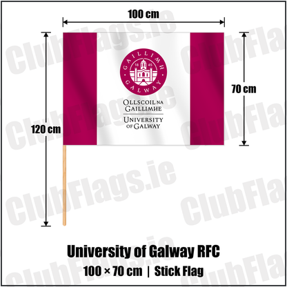 University of Galway RFC 70cm x 100cm Stick Flag with the club crest and colours, Galway Rugby - ClubFlags.ie