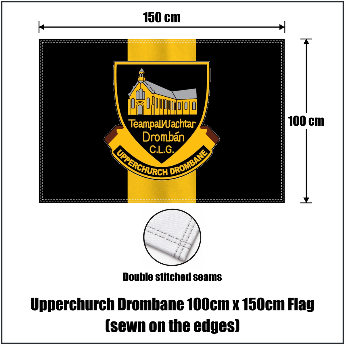Upperchurch Drombane 100cm x 150cm Flag (sewn on the edges), featuring the club crest and black and gold colours; County Tipperary GAA. ClubFlags.ie.
