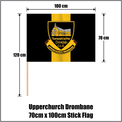 Upperchurch Drombane 70cm x 100cm Stick Flag, featuring the club crest and black and gold colours; County Tipperary GAA. ClubFlags.ie.