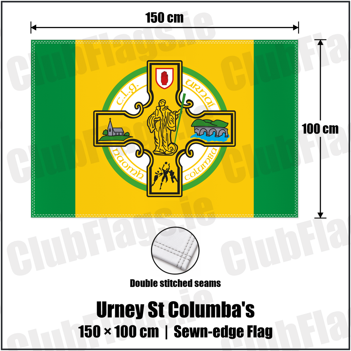 Urney St Columba's 100cm x 150cm Flag (sewn on the edges) with the club crest and colours, Tyrone GAA - ClubFlags.ie