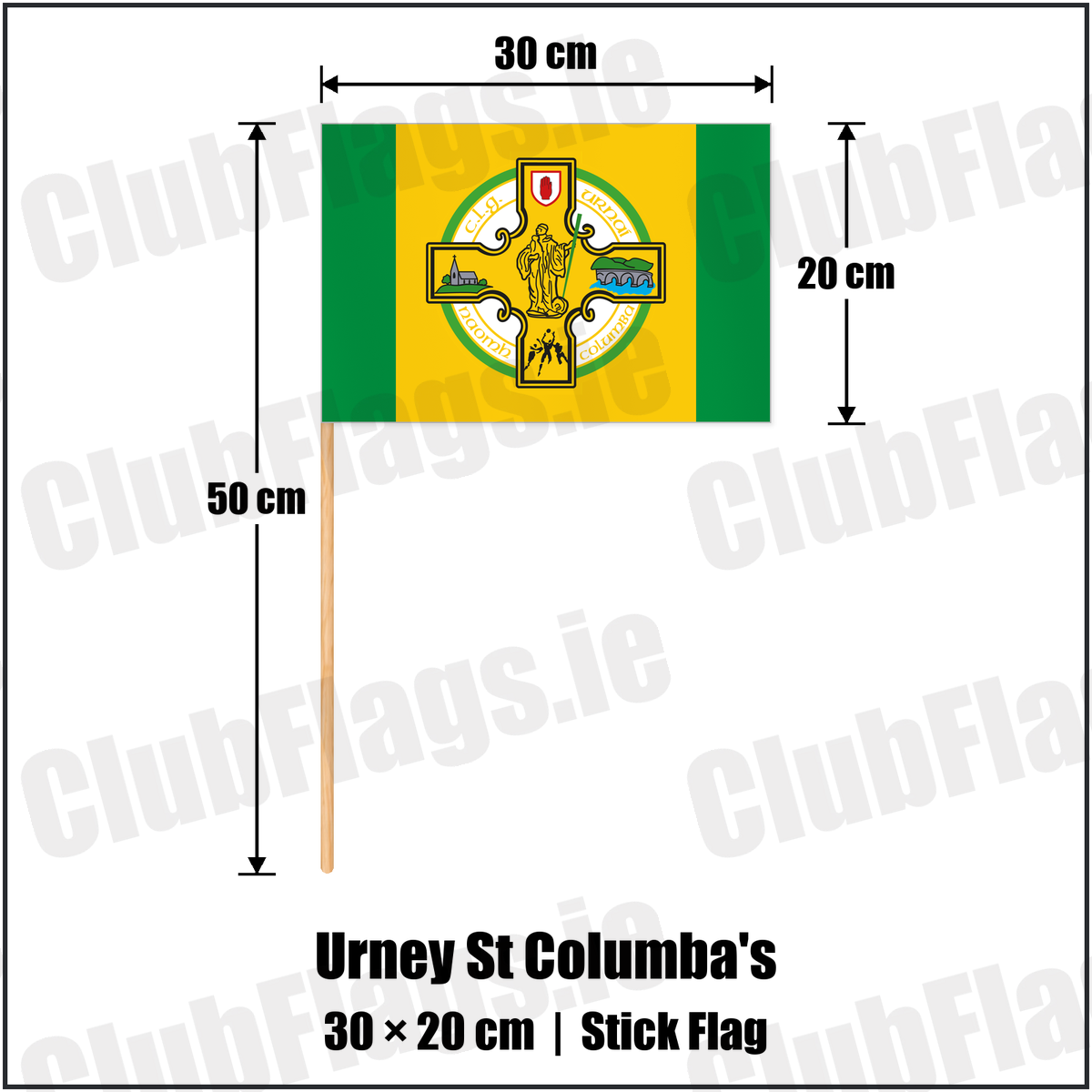 Urney St Columba's 20cm x 30cm Stick Flag with the club crest and colours, Tyrone GAA - ClubFlags.ie