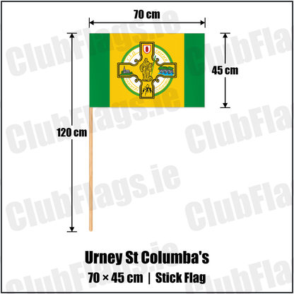 Urney St Columba's 45cm x 70cm Stick Flag with the club crest and colours, Tyrone GAA - ClubFlags.ie