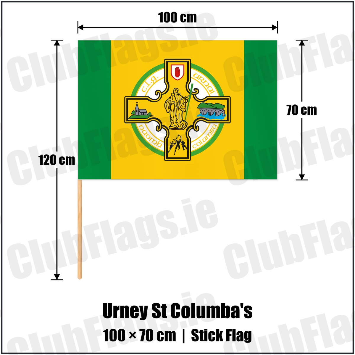 Urney St Columba's 70cm x 100cm Stick Flag with the club crest and colours, Tyrone GAA - ClubFlags.ie