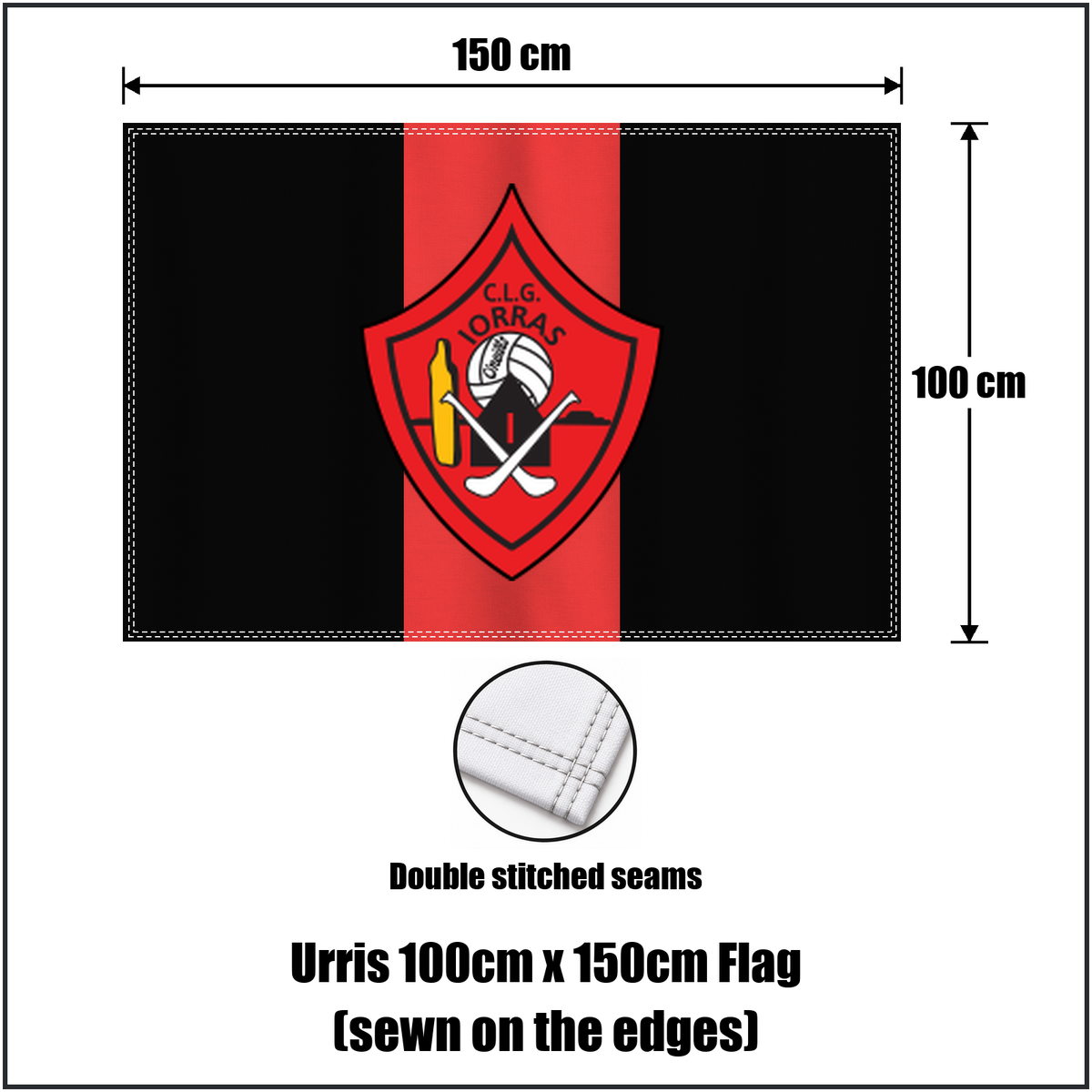Urris 100cm x 150cm Flag (sewn on the edges), featuring the club crest and red and black colours; County Donegal GAA. ClubFlags.ie.