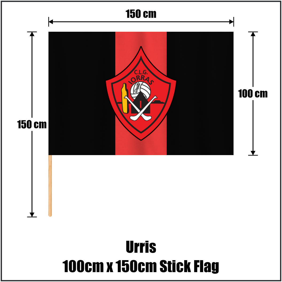 Urris 100cm x 150cm Stick Flag, featuring the club crest and red and black colours; County Donegal GAA. ClubFlags.ie.