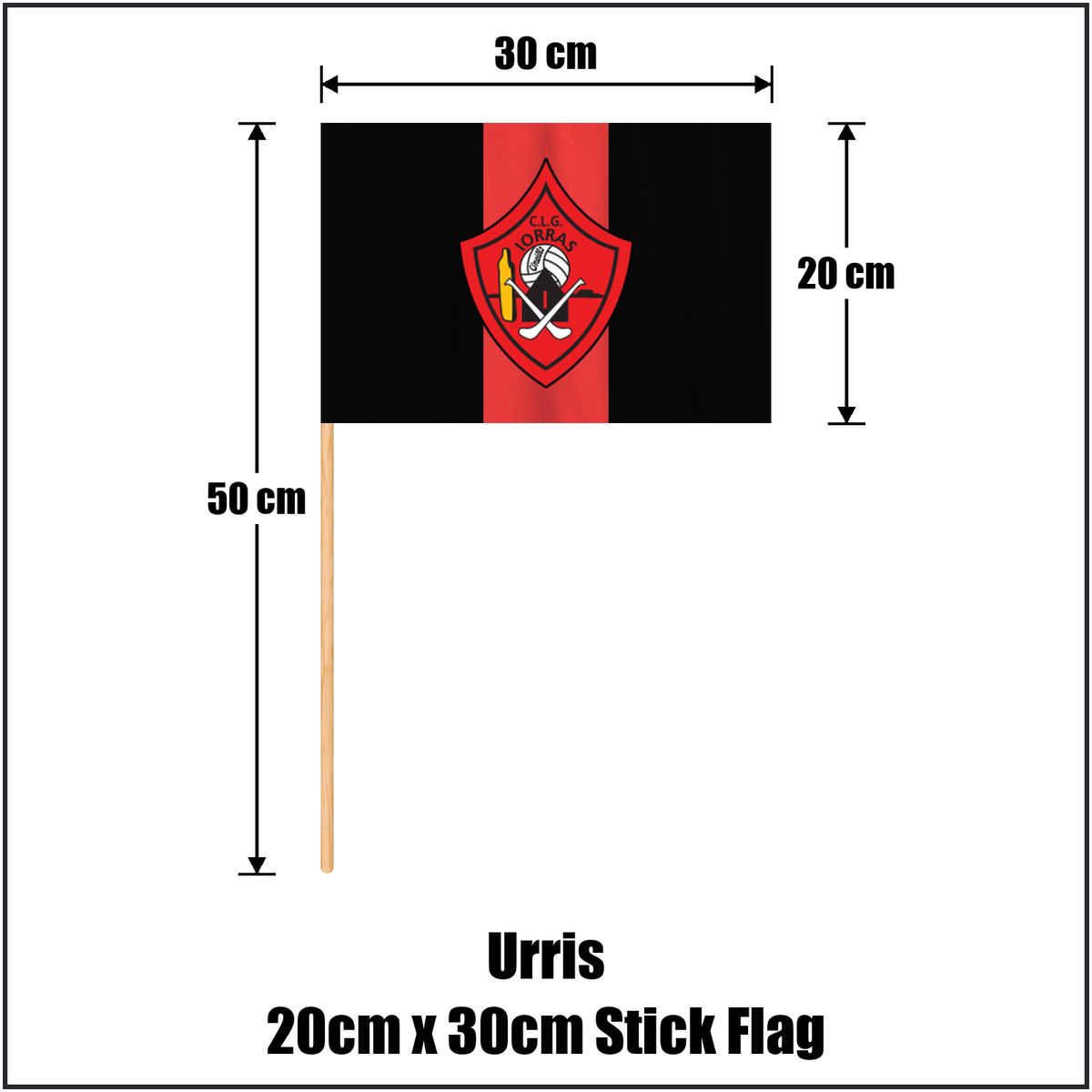 Urris 20cm x 30cm Stick Flag, featuring the club crest and red and black colours; County Donegal GAA. ClubFlags.ie.