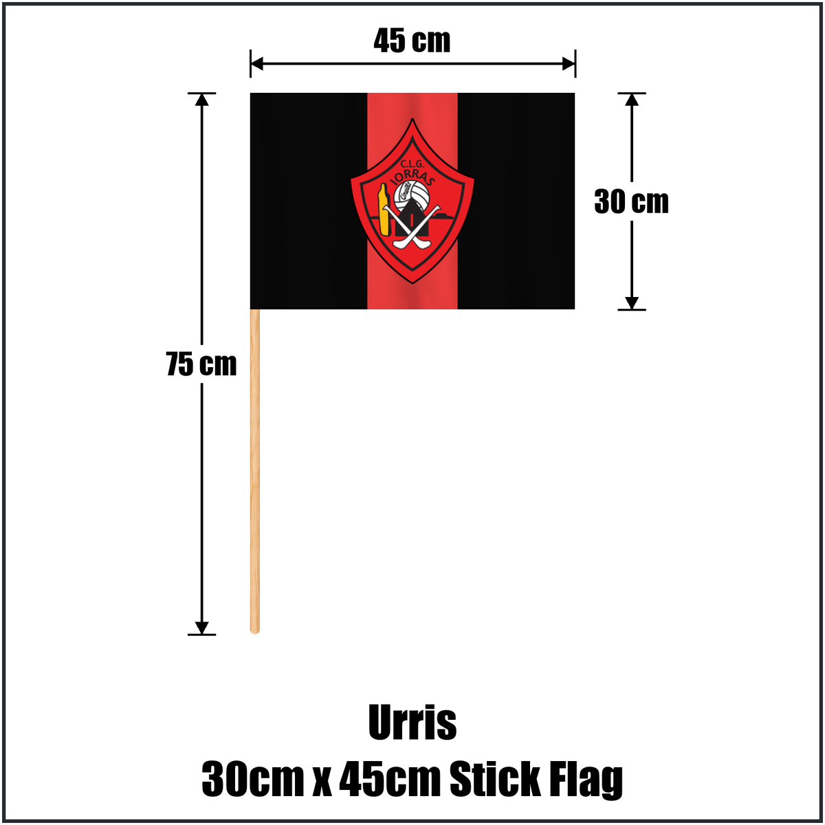 Urris 30cm x 45cm Stick Flag, featuring the club crest and red and black colours; County Donegal GAA. ClubFlags.ie.