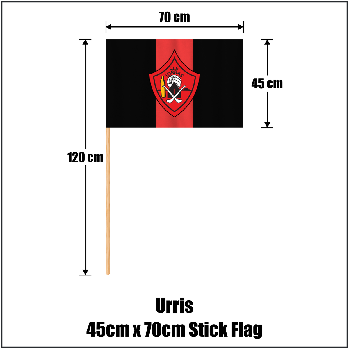 Urris 45cm x 70cm Stick Flag, featuring the club crest and red and black colours; County Donegal GAA. ClubFlags.ie.