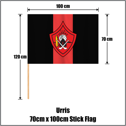 Urris 70cm x 100cm Stick Flag, featuring the club crest and red and black colours; County Donegal GAA. ClubFlags.ie.