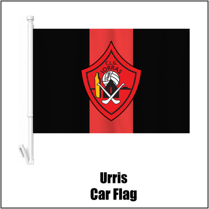 Urris Car Flag, featuring the club crest and red and black colours; County Donegal GAA. ClubFlags.ie.