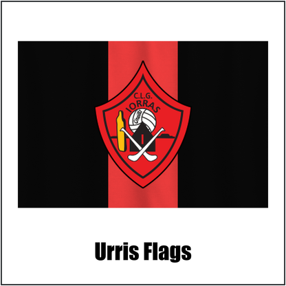 Urris Flags, featuring the club crest and red and black colours; County Donegal GAA. ClubFlags.ie.