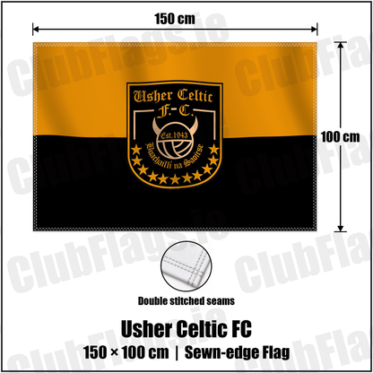 Usher Celtic FC 100cm x 150cm Flag (sewn on the edges) with the verified club crest and colours, Dublin Football - ClubFlags.ie