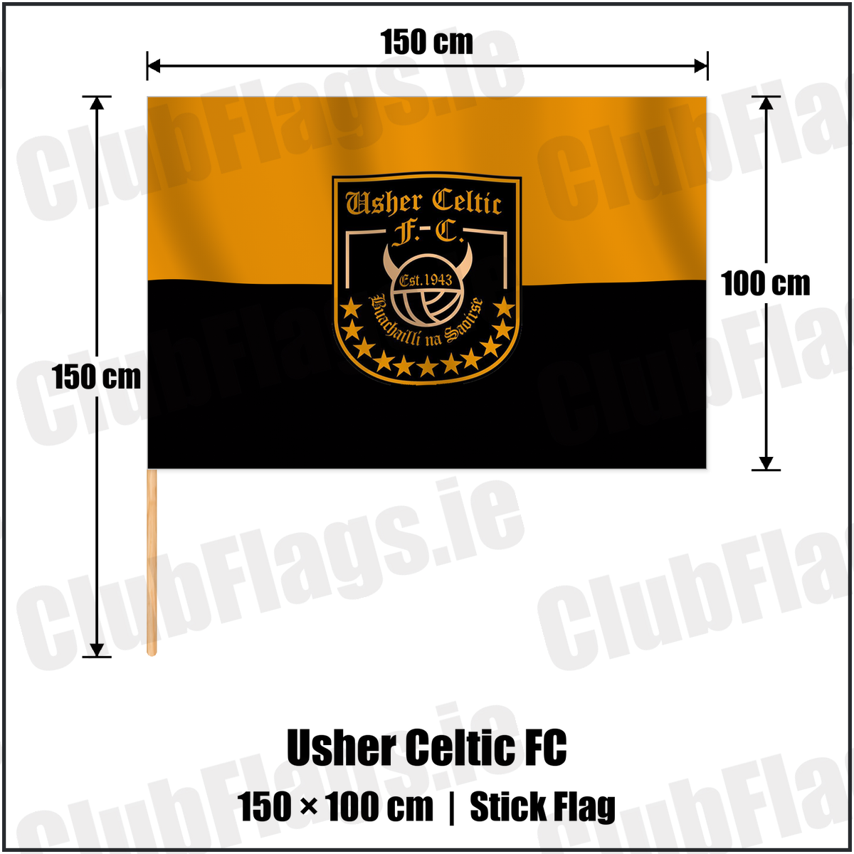 Usher Celtic FC 100cm x 150cm Stick Flag with the verified club crest and colours, Dublin Football - ClubFlags.ie