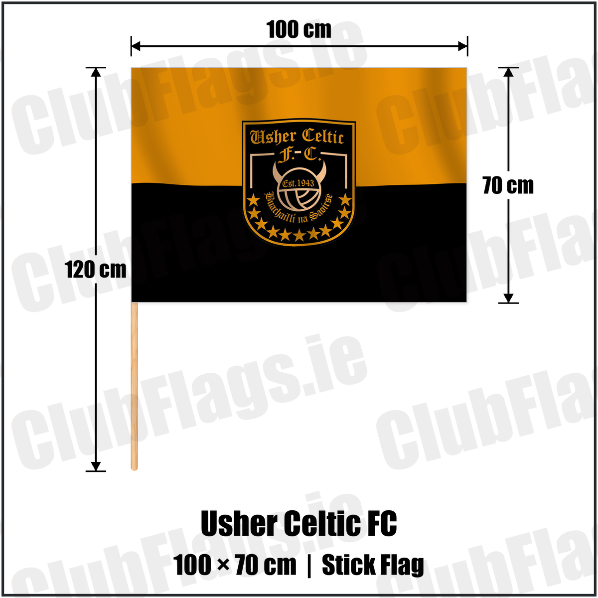 Usher Celtic FC 70cm x 100cm Stick Flag with the verified club crest and colours, Dublin Football - ClubFlags.ie