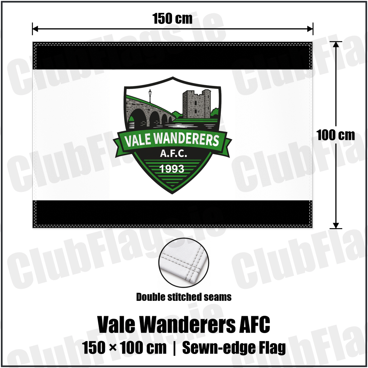 Vale Wanderers AFC 100cm x 150cm Flag (sewn on the edges) with the club crest and colours, Carlow football - ClubFlags.ie