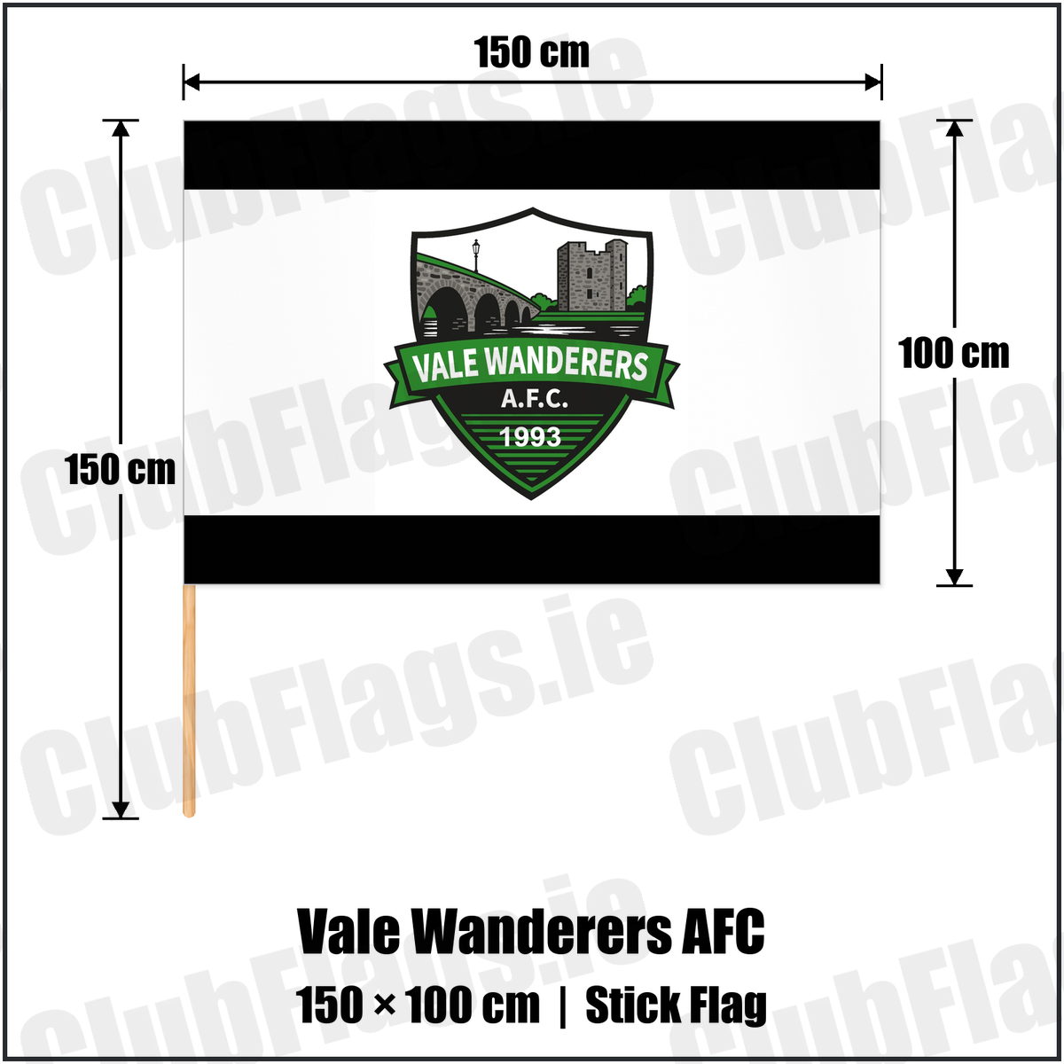 Vale Wanderers AFC 100cm x 150cm Stick Flag with the club crest and colours, Carlow football - ClubFlags.ie