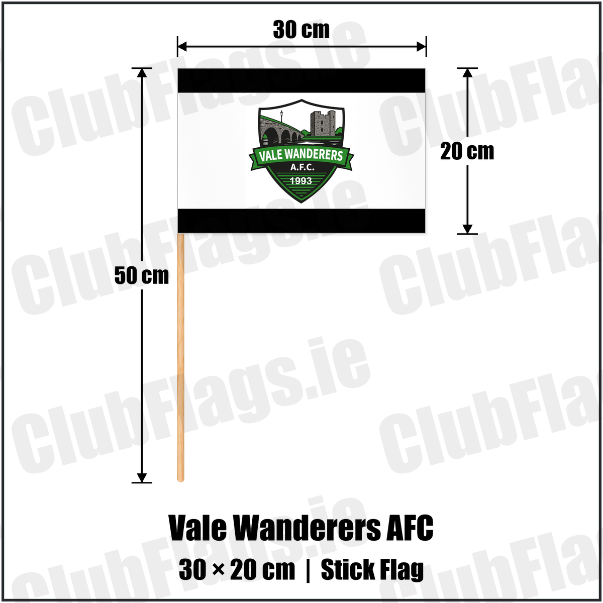 Vale Wanderers AFC 20cm x 30cm Stick Flag with the club crest and colours, Carlow football - ClubFlags.ie