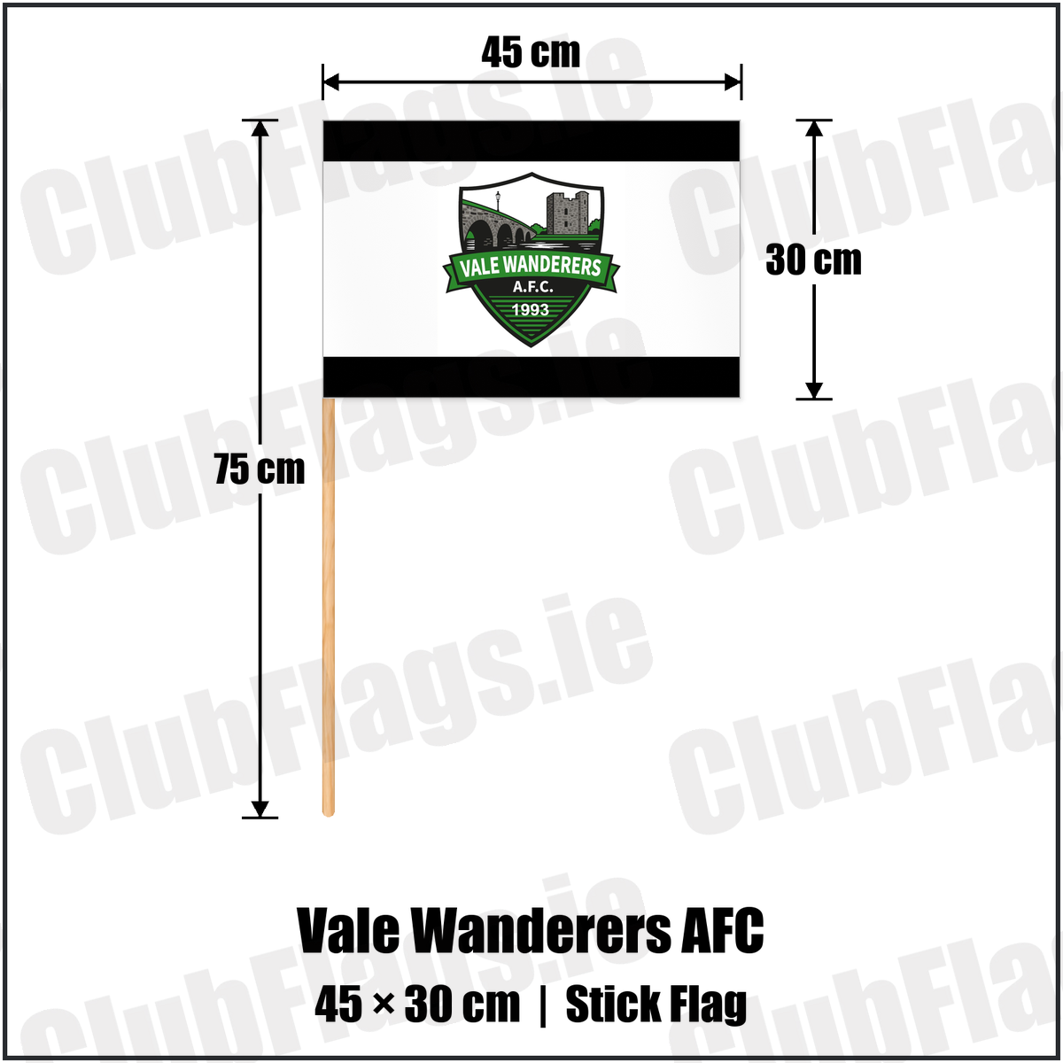 Vale Wanderers AFC 30cm x 45cm Stick Flag with the club crest and colours, Carlow football - ClubFlags.ie