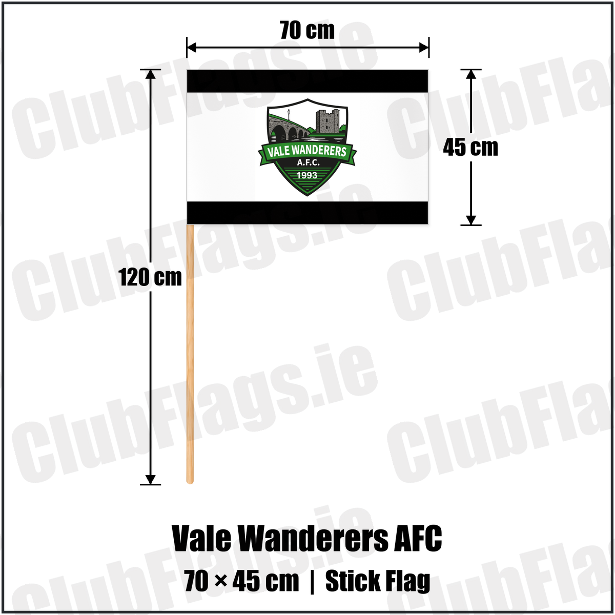 Vale Wanderers AFC 45cm x 70cm Stick Flag with the club crest and colours, Carlow football - ClubFlags.ie